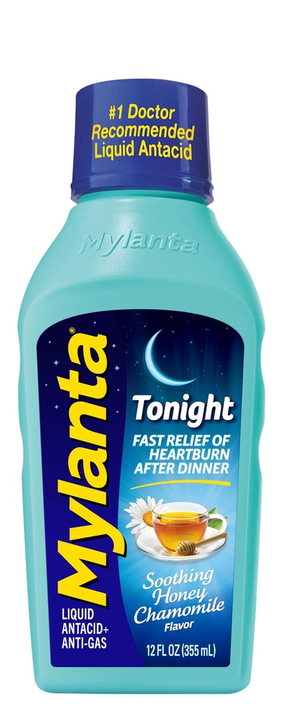 Mylanta Heartburn and Gas Relief, Liquid Antacid, Tonight Formule, Honey Heamomile Flavor, 12 Fl Oz