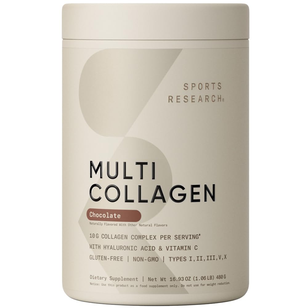 Sportovní výzkum Multi kolagen protein prášek (typ I, II, III, V, X) s kyselinou hyaluronovou + vitamin C C124; 5 Typy potravin na bázi kolagenu, 30 Služeb (čokoláda)