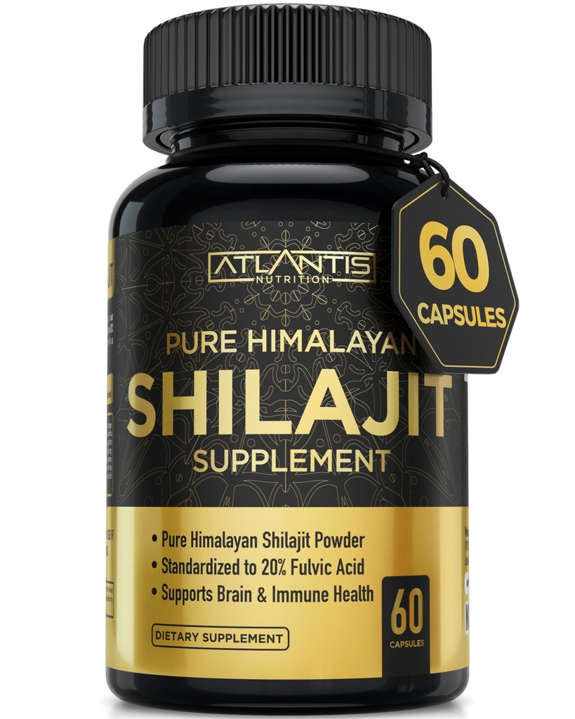 Atlantis Nutrition Himalayan Shilajit Kapsle s 20% Fulvic Acid CLAS124; 10: 1 Extract Poskytuje 10,000mg D.H.E. CLAS124; USA Made CLAS124; Himalájský Shilajit dodatek pro muže a ženy CLAS124; 60 Kapsle