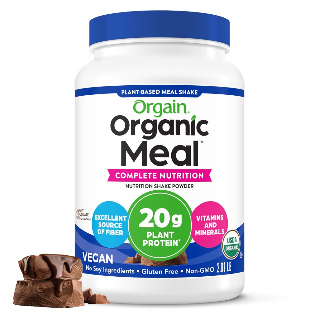Orgain Organic Vegan Strava Náhradní protein Powder, krémová čokoláda Fudge - 20g Plant Based Protein, Gluten Free, mléčná zdarma, laktóza zdarma, Soy Free, No Sugar Added, For Smoothies & Shakes - 2.03lb
