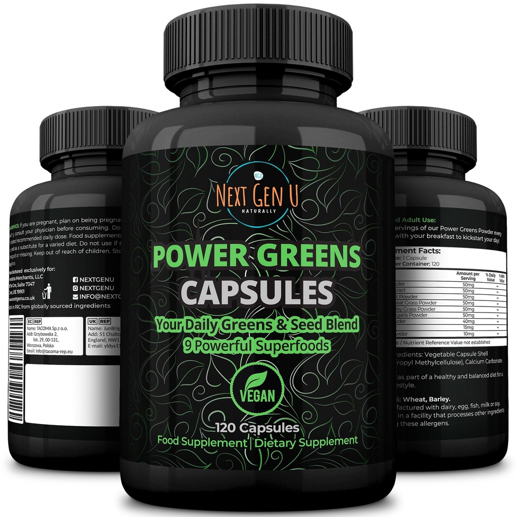 Super Zelení - Podpora imunitního systému - 500 mg 120 Vegan Kapsle - Superfoods for Daily Booster - Zdravé Keto Blend s Acai, Wheatgrass, Guarana, Chlorella, Flaxseed, Matcha, Maca - by NextGenU