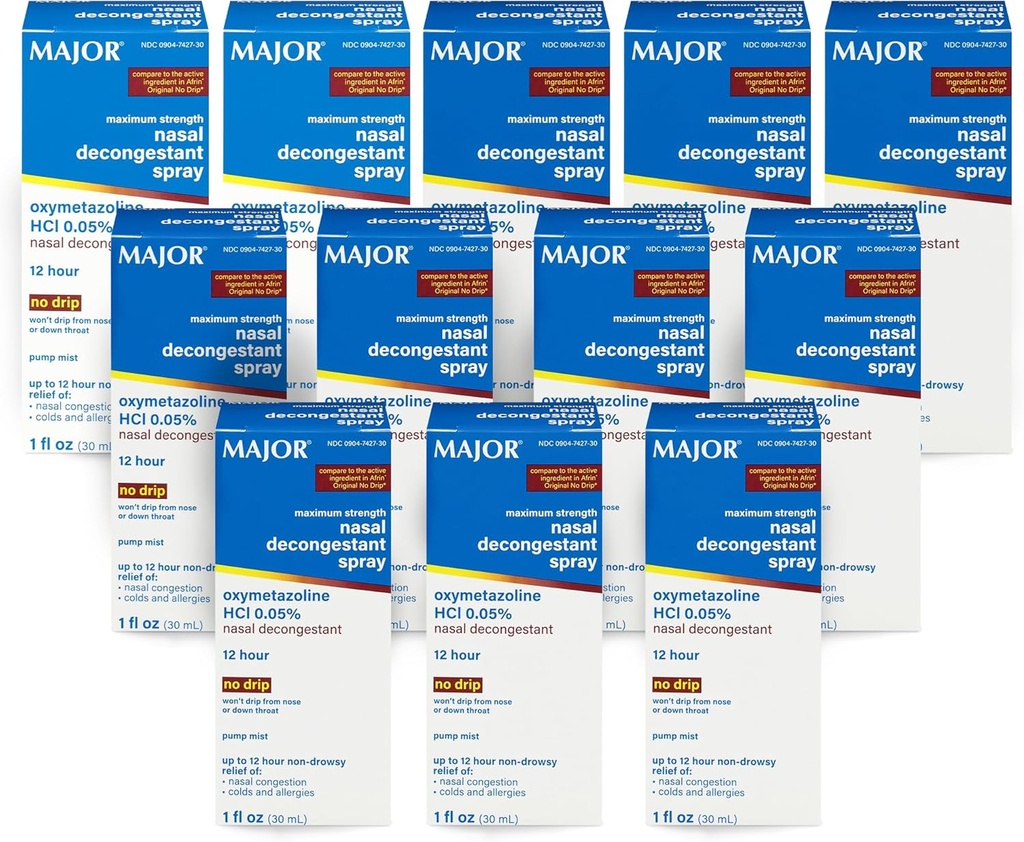 MAJOR Maximální síla Nasal Decongestant Spray, Oxymetazolin HCl 0,05% čerpadlo Mist, Non- Drowsy Nasal Spray, až 12- hodinová úleva od Nasal Congestion, nachlazení, a alergie 1 Fl. Oz. (12-Pack)