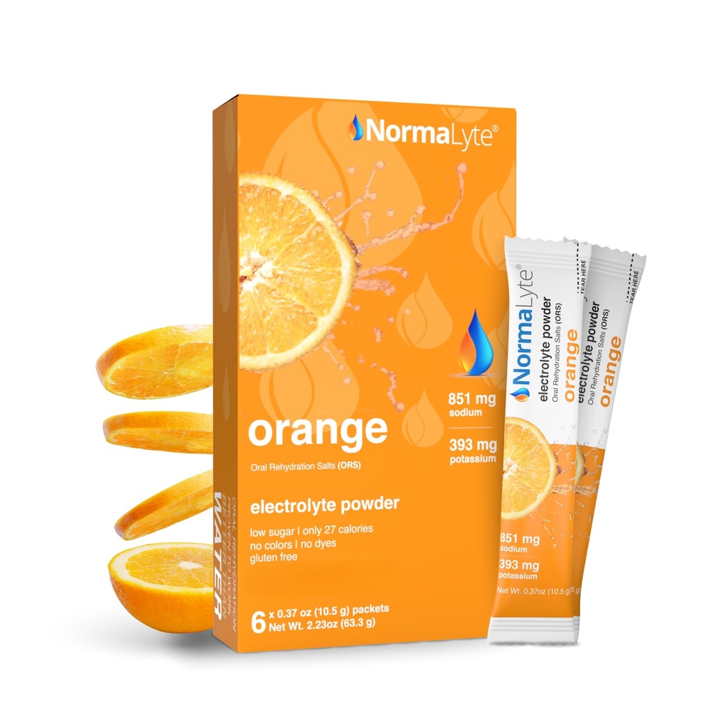 NormaLyte Oral Rehydratation Salts - Balení 6 (Orange) Orange 124; Elektrolyty, Energetické doplňky, Elektrolyty Packets, Hydratační Sachet, dodatek draselné, Vegan, Dehydratace Recovery