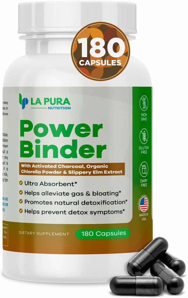 LaPura Power Binder Blend - Detox & Cleanse s Activated Charcoal, Organic Chlorella Powder & Slippery Elm Extract - Pomáhá zmírnit plyn a floating - Podporuje přírodní detoxikaci - 180 Kapsle