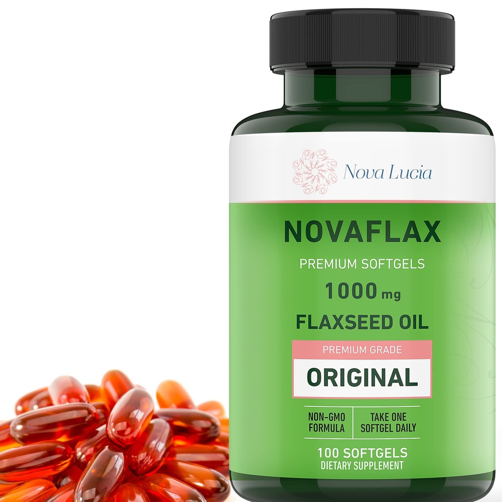 Nova Lucia Organic Flaxseed Oil Capsules 1000mg - Omega 3 6 9 Softbels for Hair, Skin & Nails - Non- GMO, Gluten- Free, Hexane- Free, Easy to Swallow - 100 Tekuté softbely