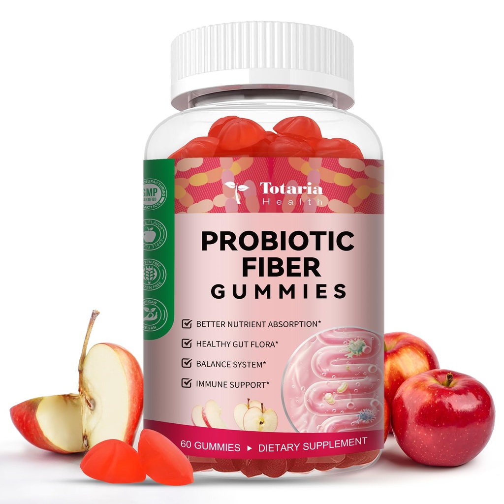Totaria 9- in-1 Probiotické fibergumy pro dospělé a dospívající 16G fiber per Serving, Psyllium Fiber Supplement with 5 Billion CFU Bacillus coagulans, Inulin, ACV for Digestive & Gut Wellness - 60 Gumy
