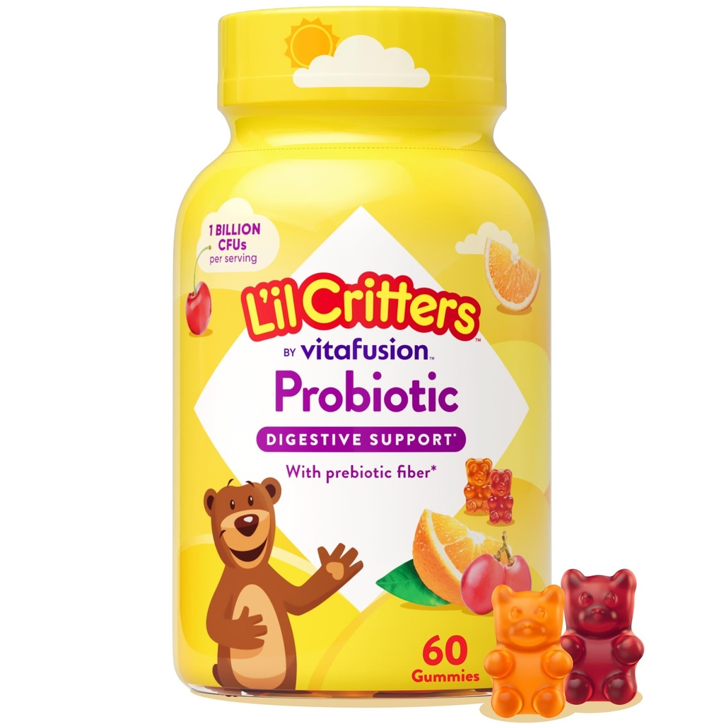 L 'il Critters Probiotic Daily Gummy dodatek pro děti, pro stravovací podporu zdraví, Grape, Cherry a Orange Flavors, 60 Gummies