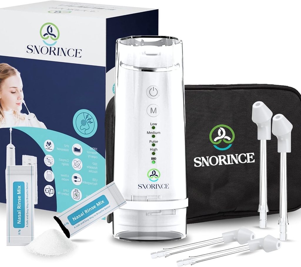 Nasal zavlažovací systém pro Sinus Relief - Přenosný bezdrátový elektrický Neti Pot Nose Cleaner - Sinus Flush Kit pro dospělé a děti, Domů a cestovat s 4 Rinse Modes, 4 trysky, 40 solných balíčků