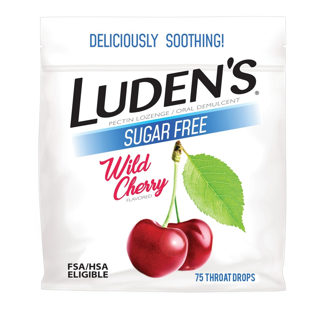Luden 's Sore throat Relief Lozenges for Minor Everyday Irritation & Dry Mouth, Cukr Free Wild Cherry Ochucené kapky, 75 Počet