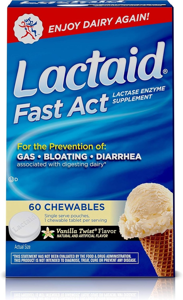 Lactaid Fast Act Lactosa Intolerance Chewables with Lactase Enzymes, Vanilla Twist, 60 Pks of 1-ct.