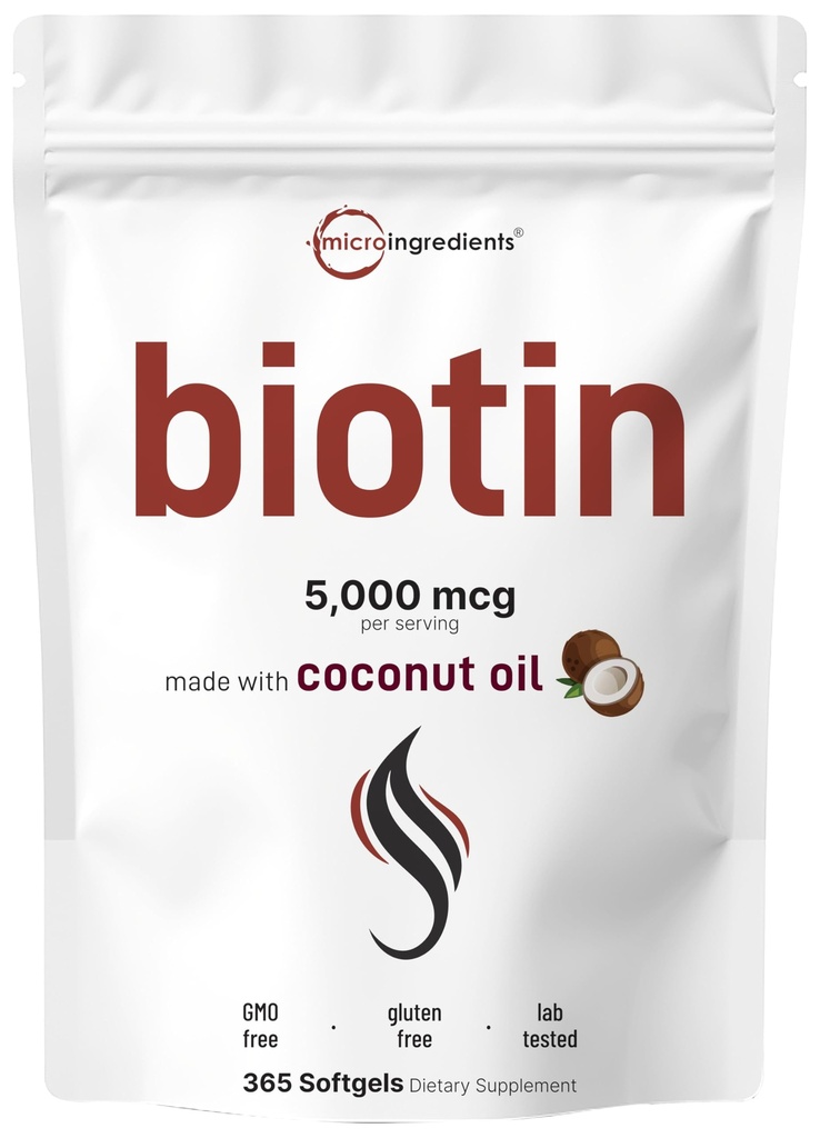 Mikro ingredience Biotin 5,000mcg Oil 124; 365 Panenské Coconut Oil Softgels, Fast Release, One Year Supply Oil 124; Podporuje zdravé vlasy, kůže, & nehtů 124; Non- GMO, No Gluten