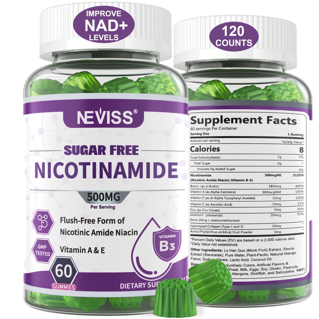 Sugar Free Nikotinamid 500mg Gummies, (Flush Free Niacin) Vitamin B3 Niacinamid dodatek pro metabolismus a opravy buněčné energie, Vitalita, Zdravé stárnutí, Brusinkové aroma, Snadno žvýkat, 120 Cts