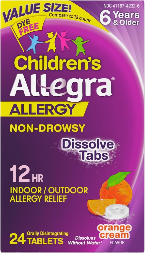 Allegra Children 's 12- Hour Alergies Relief Orly Disolving Tablet, Non- Drowsy Indoor and Outdoor Alergies Medicine, 30 mg Fexofenadine HCI Antihistamin pro děti, Orange Cream Flavor, 24 - Počet