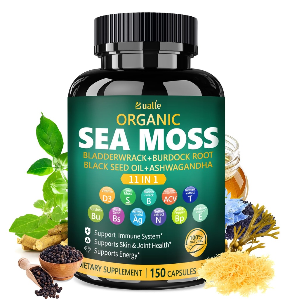 Bualle Irish Sea Moss Kapsle - Organic Sea Moss, Black Seed Oil, Ashwagandha Doplňky s Bladderwrack, Ginger & Burdock Root - Podporuje Daily Wellness, Skin & Energy - 150 Kapsle (1 balení)