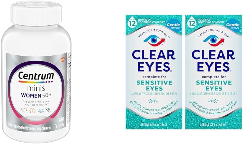 Centrum Minis Silver Ženy Multivitamin pro ženy 50 Plus, Multiminerální doplněk s vitamínem D3, B Vitamíny, Non- GMO ingredience, Podporuje paměť a rozpoznávání u starších dospělých - 280 Ct & Clear Eyes, Citlivé oči, oční kapky, 0,5 Oz, 2 Pack