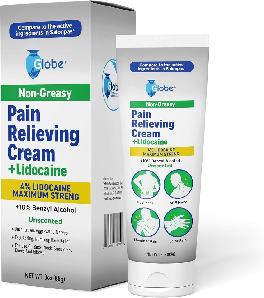 Globe Pain Relieving Cream Plus 4% Lidokain, Maximum Strength Numbing Relief, Rychlá teoretická terapie svalů, společná bolest, záda, bolest krku, bolestivost, Sprains & spazms, Unpartented, 3oz
