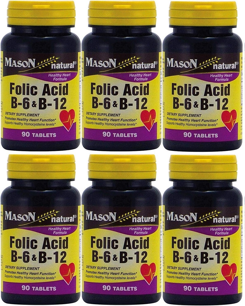 Mason Vitamíny Kyselina listová B-6 & B12 Heart Health Formule 90 Tablety na láhev Balení 6 Celkem 540 Tablety