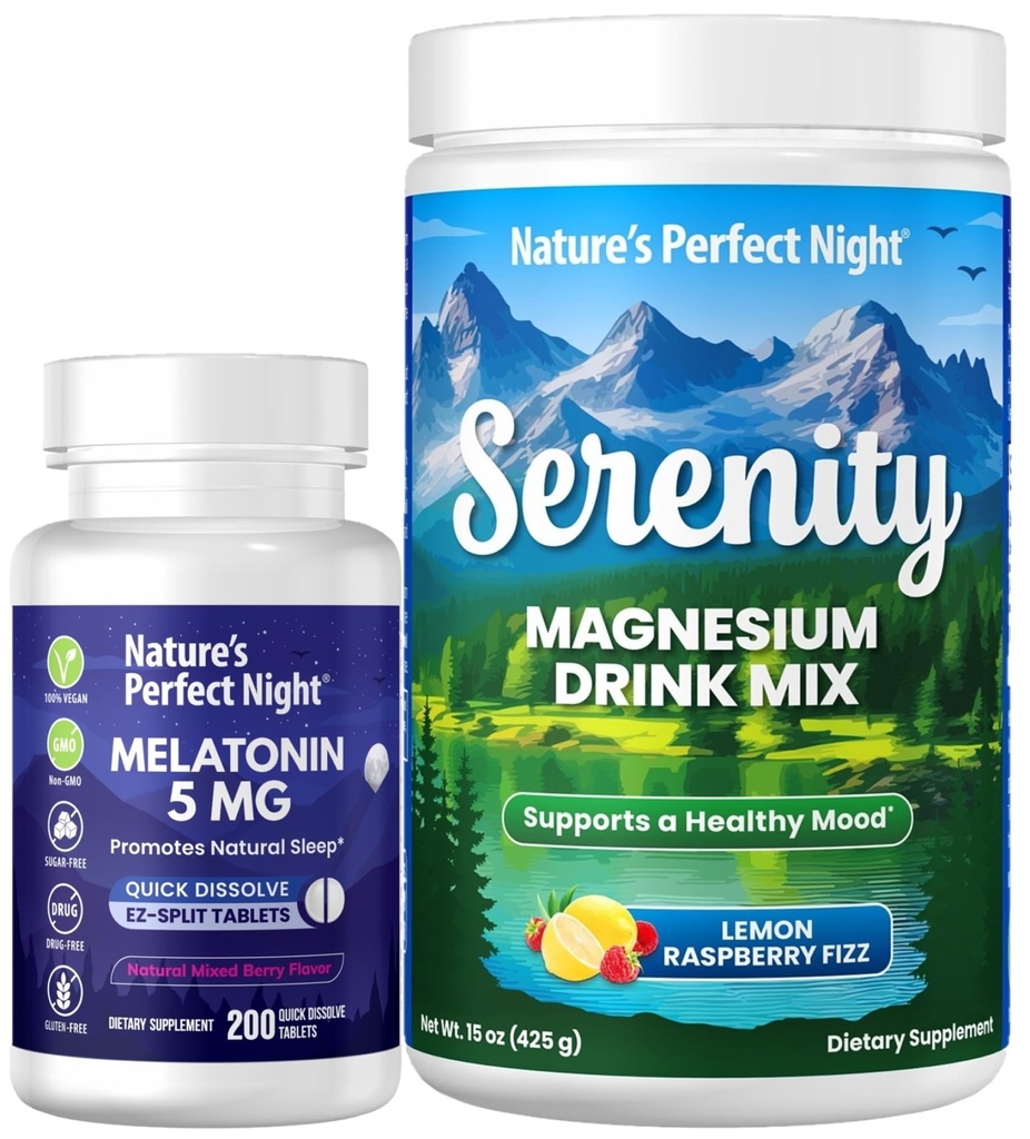 Nature 's Perfect Night Melatonin 5mg Quick Disolute Mixed Berry 200 Count with Serenity Magnesium Powder 15 oz Lemon Raspberry