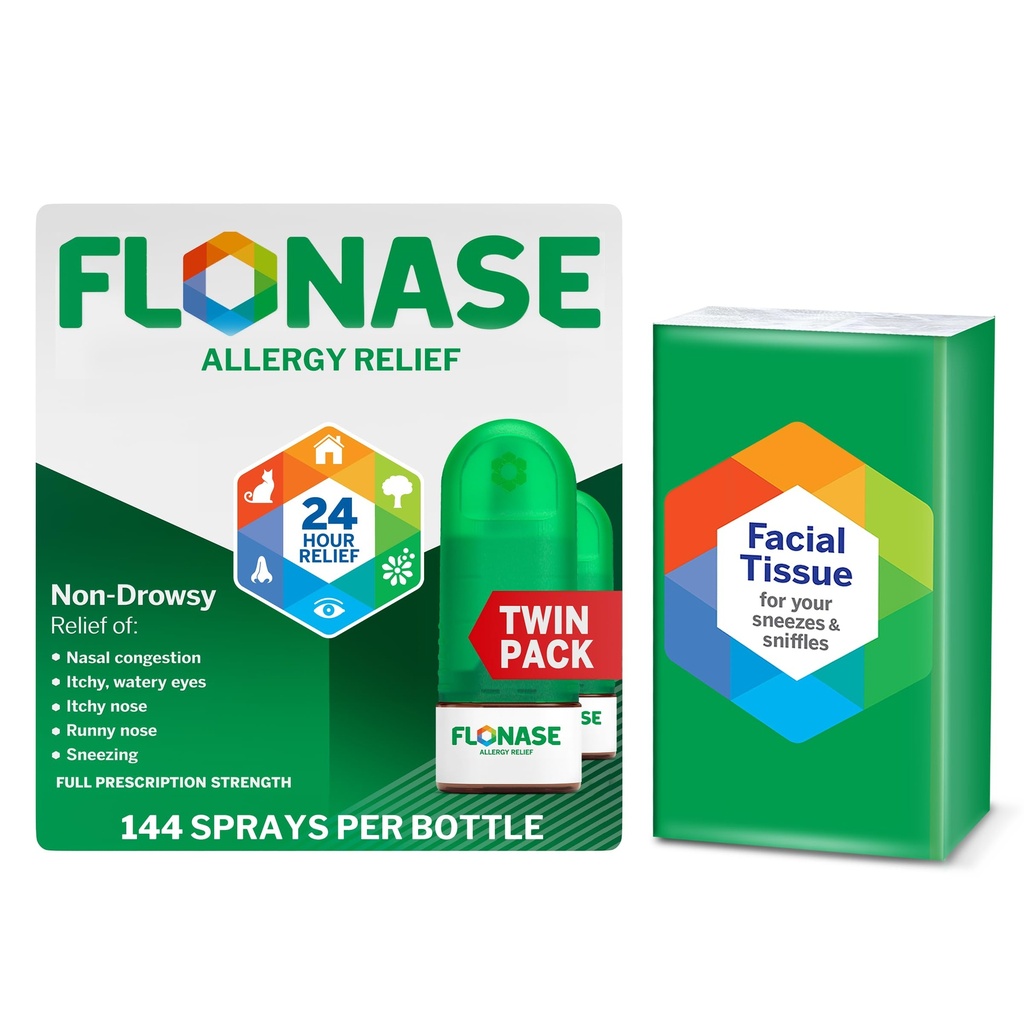 Flonáza Alergie Relief Nasal Spray, 24- Hodina Non- Drowsy Multi- Symptom Relief - 144 Spreje (Balení po 2) plus Bonus Pack kapesníků