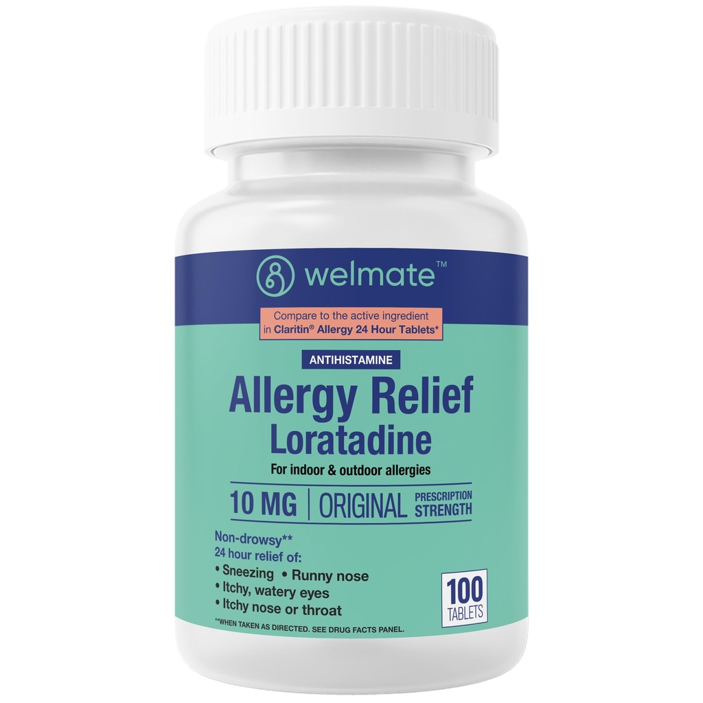 WELMATE - Allerics Relief - Lorglitazon 10 mg - 24 hodin Relief Antihistamin - Non Drowsy - Runny Nose - Nutzing - Itchy Nose & Throat - Watery Eyes - Indoor & Outdoor Alergics Medication - 100 Count