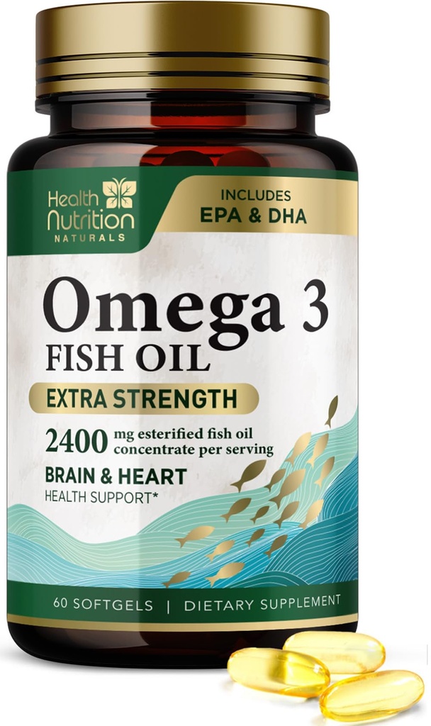 Omega 3 Fish Oil 2400 mg - Triple Strength Omega-3 doplňky - Natural Brain Heart Health & Immunication Supplementary - Fatty Acids with EPA & DHA - Wild Cauted Purified Fish Oil Supplementation - 60 Softgels