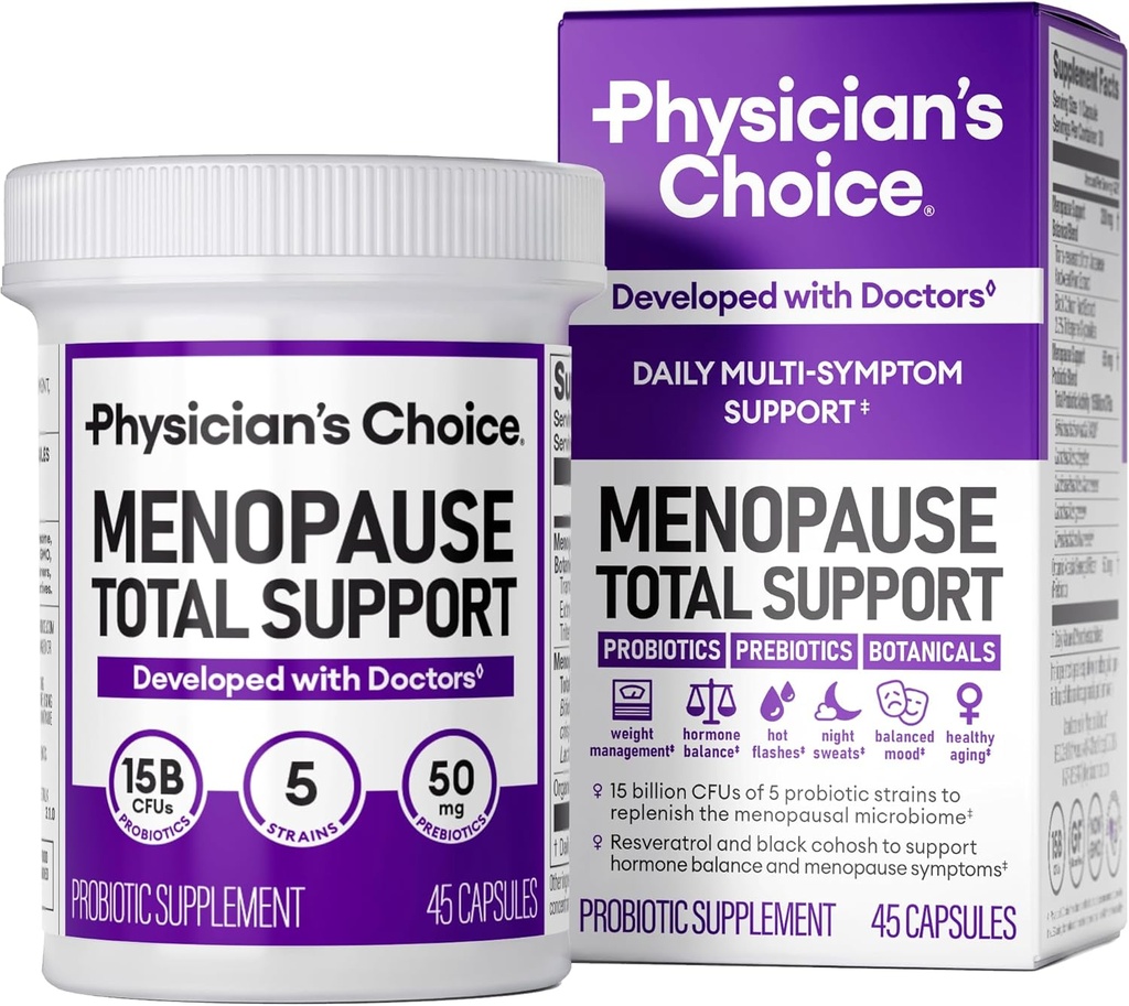 Lékařský choICE Menopauza Probiotický dodatek pro ženy - Podporuje Hormon Balance, Hot Flashes, Noční poty, Weight Management, Bloating & Gut Zdraví - s Black Cohosh, Resveratrol + - 45ct