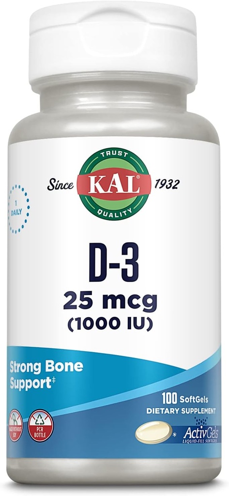 Kal Vitamin D3 1000 IU Softgels (25 mcg), Aktivní forma vitaminu D, Absorpce vápníku, zdraví kostí, doplněk imunitní podpory, tekutý plněný aktigel, Made Without Soy, 100 Servings, 100 Softgels