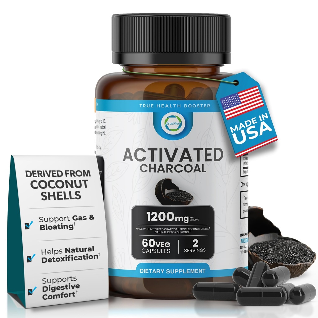 Aktivované Charcoal Kapsle 1200 MG, 60 Veg Caps, 30- Days Premium Detox & Digestive Support, Gas & Bloating Relief, Organic Coconut Shell Charcoal, Gut Health, USA Made.