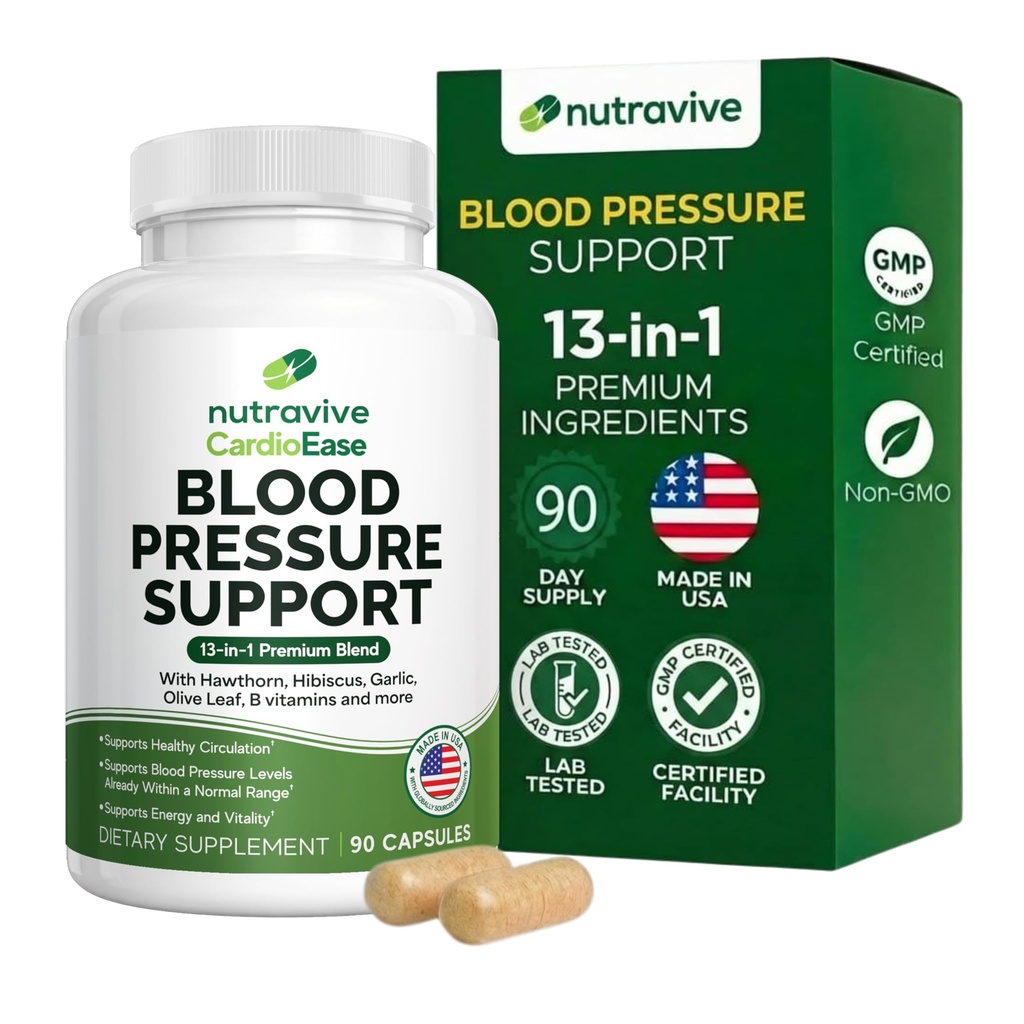 Nutravive Blood Pressure Supment - Přírodní srdce & Circulation Support with Hawthorn, Česnek, Olive Leaf, Hibiscus & B12 - USA Made, GMP Facility - 90 Kapsle