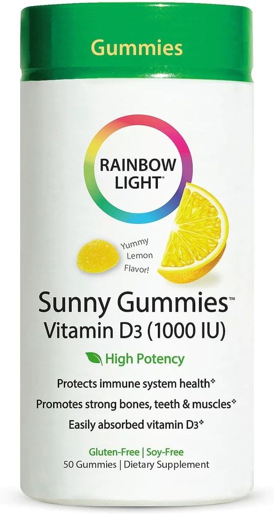 Rainbow Light - Sunny Gummies Vitamin D3 1000 IU, Podpora zdravých kostí, svalů a imunity v Family-Friendly Chewable s vitaminem D3, Soy- Free, gluten- Free, Sour Lemon, 50 Gummy kapky