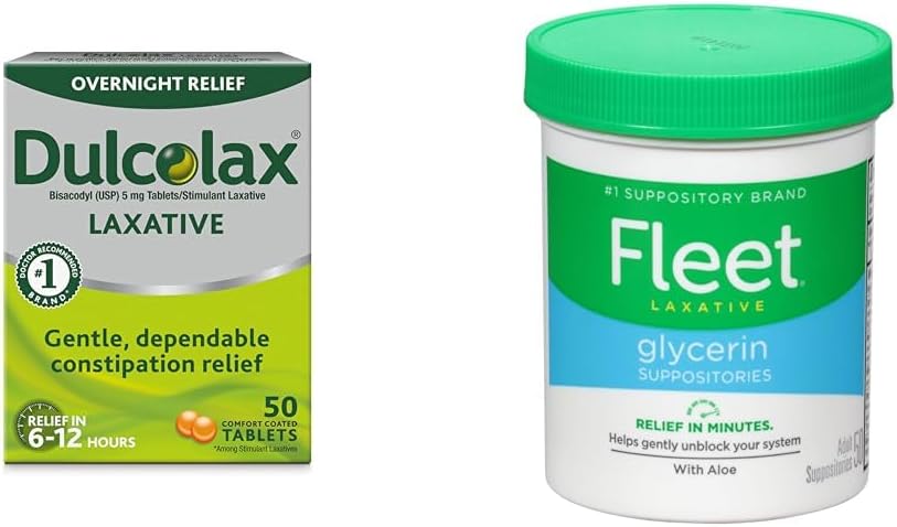 Dulcolax Overnight Relief Laxative for Gentle Constolly Relief, Bisacodyl 5 mg tablety, 50 Count & Fleet Laxative Glycerin Suppository for Adult Constolly, Adult Laxative Jar Aloe Vera, 50 Ct