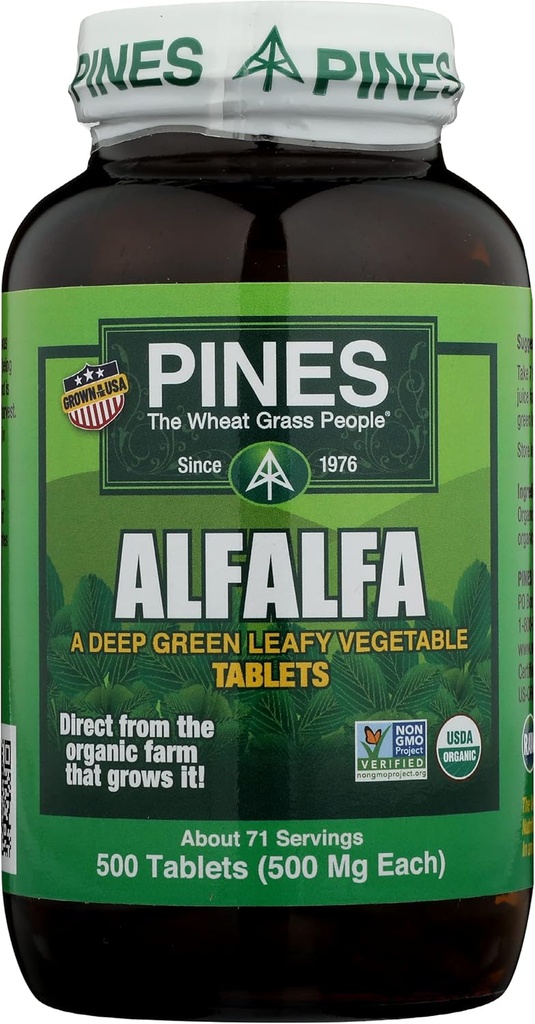 Pines Alfalfa Tablets, The Original Green Superfood, USDA Organic, Gluten Free & Non- GMO, 500mg každý, 500 Tablets