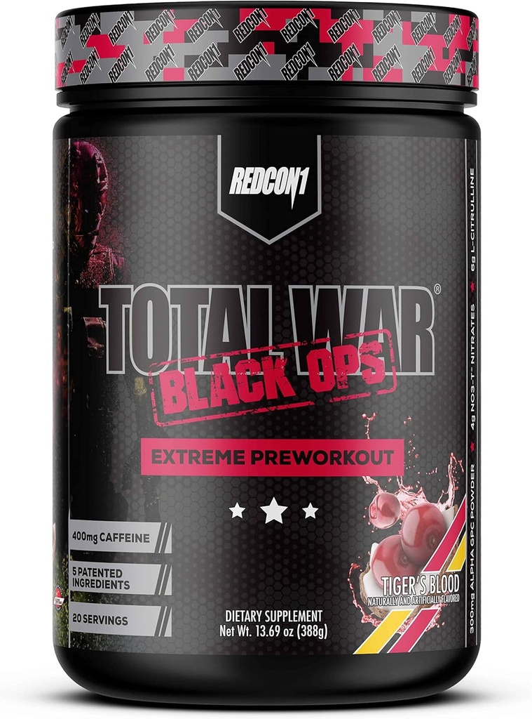 REDCON1 Celková válka Black Ops Extrémní Prework Powder, Tigers Blood, High Stimulant, 400 mg kofeinu, NO3-T dusičnany + L-Citrulin, Zvýšení krevního toku, svalové pumpy (20 Služeb)