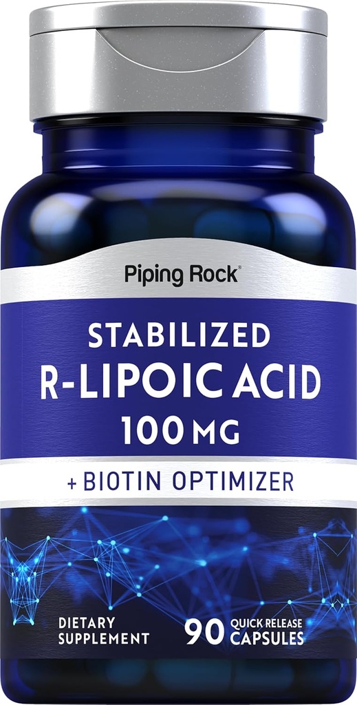 Piping Rock stabilizované R- Lipoic Acid 100mg Acid 124; 90 Kapsle 124; s Biotin Optimizer Az124; Non- GMO, gluten zdarma dodatek