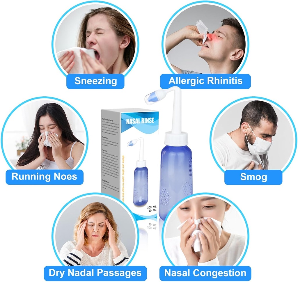 300 ML Nasal Rinse Neti Pot Sinus Rinse Lahvička Gentle Nasal Lahvička Čistič nosu Komfortní pro dospělé & Kid Efektivní tlakové zavlažování s 20 Nasal Wash Salt Packets BPA zdarma