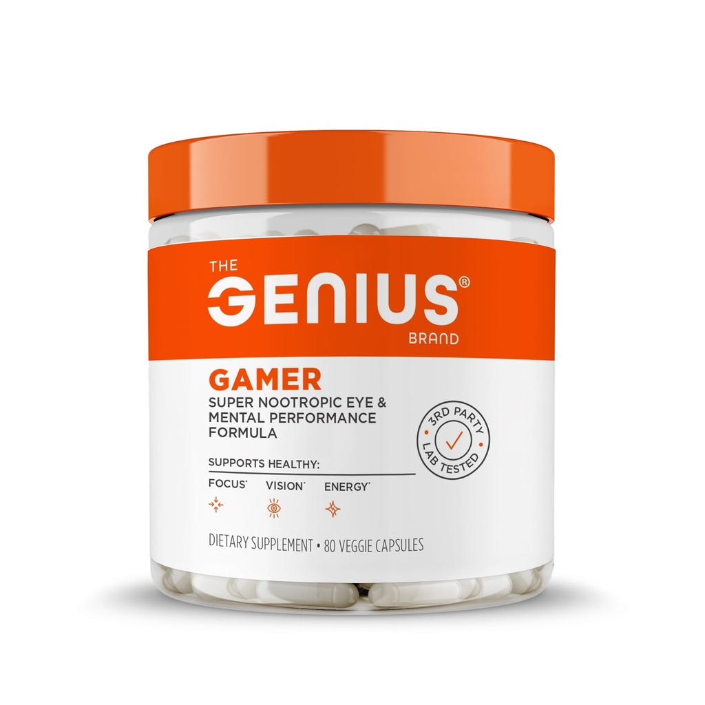Geniální Gamer, Gaming Focus Dodatek, 80 pilulky - Elite Nootropní výkon Booster - Boost mozku & Duševní jasnost, Reakční čas & Koncentrace - Modrá světelná podpora s Lutemax