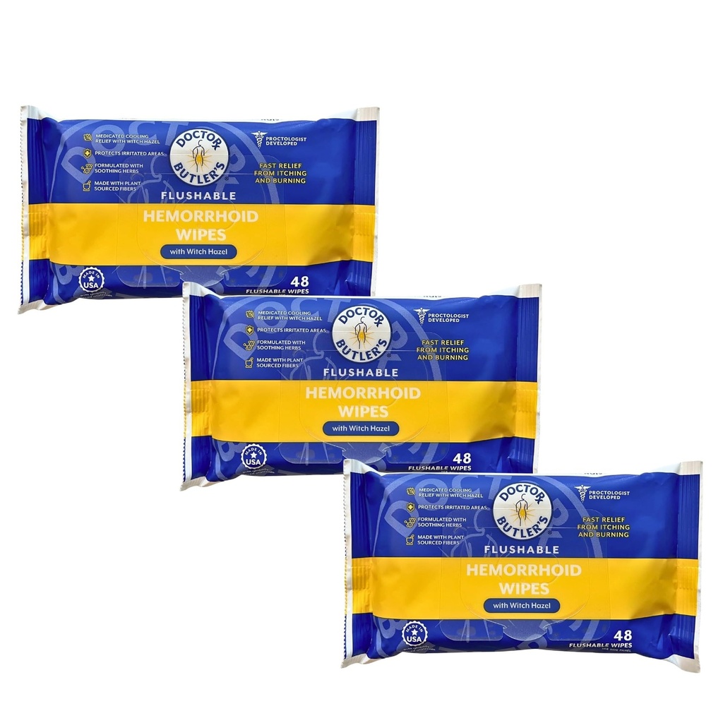 Lékař Butler je Flusable Hemeroid Wipes - Flusable Wipes s Hazel čarodějnice Soothee a přinést úlevu od nepohodlí spojené s hemoroidy (3 Pack - 48 Počet)