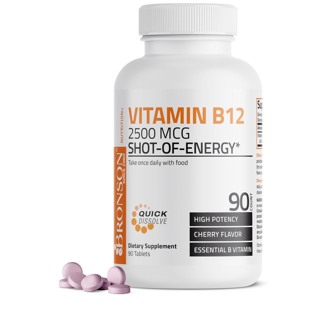 Vitamin B12 2500mcg Shot Of Energy Fast Disold Chewable Tablets - Rychlé uvolnění třešňové ochucené sublingvální B12 vitamín - podporuje nervový systém, zdravé funkce mozku výroba energie - 90 Počet
