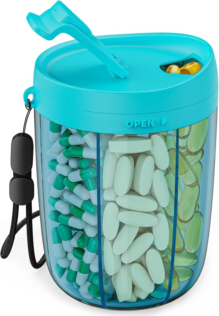 PULIV Big Pill Lahvička Organizátor, Doplněk Pořadatel pro držení 6 Různé vitamíny, Pill Box pouzdro s anti- Mixing & Wide Otevírací Design, Snadno získat Meds a 20 Pcs Stick-on štítky, modrá