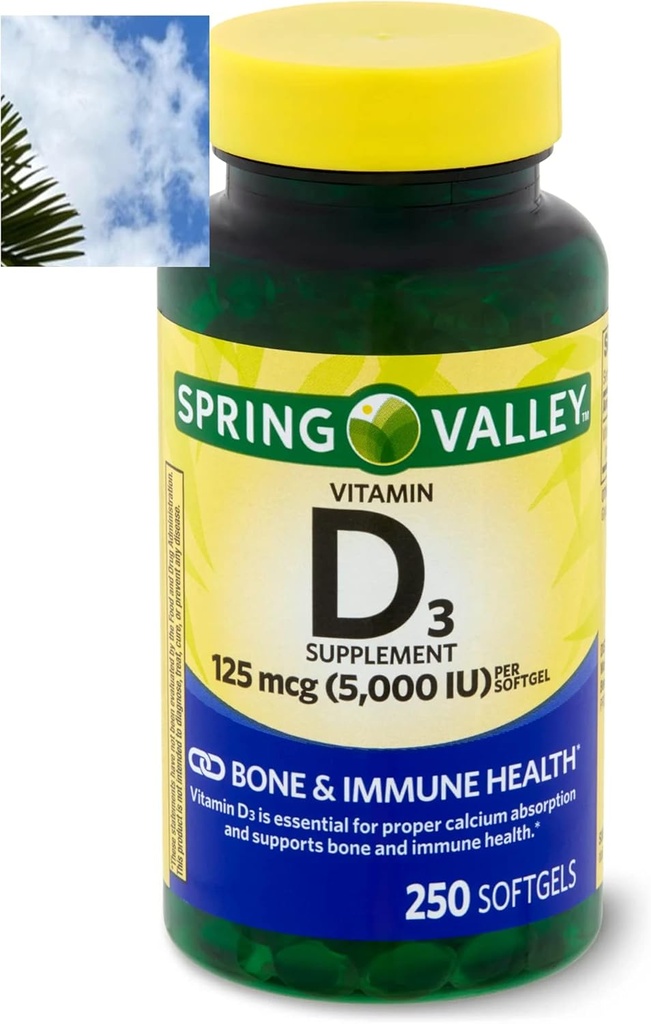 Jarní údolí Vitamin D3 Softgels, 125 mcg na Softgel, 5000 IU, 250 Počet