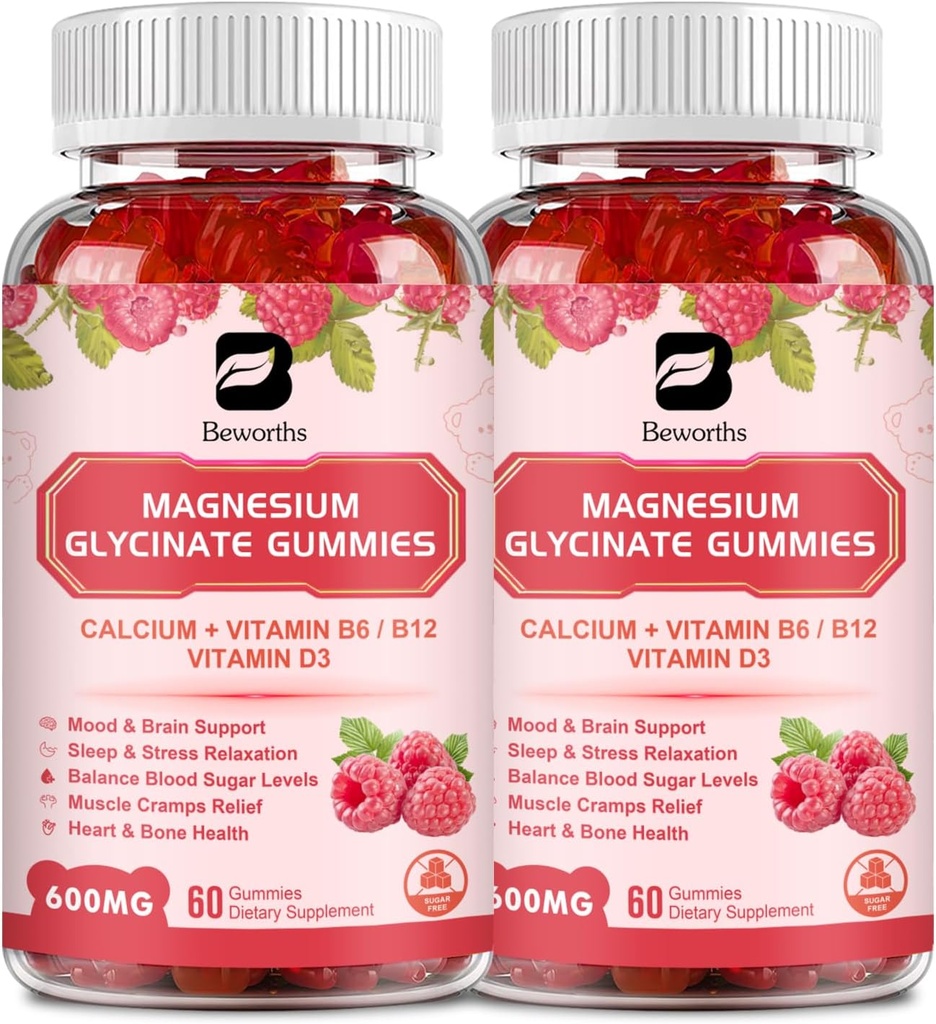 (2 Pack) 600 Mg Glycinátové gumy hořčíku, doplněk hořčíku Komplex hořčíku Malate, Magnesium Citrát & Draslík, Podporuje Night & Joint, Energy Boost, Vegan & 0-Cukr, Malina 120 Počet