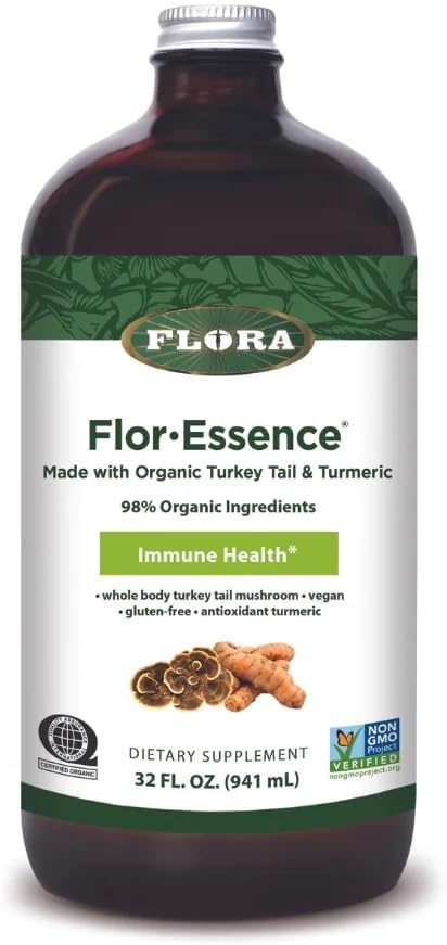 Flora Health Flor- Essence with Turkey Tail & Turmeric, Rich in Polysaccharides, 35 + Fenolic Compounds with Antioxidants and Immunity Support, 32-fl. oz. Skleněná lahvička