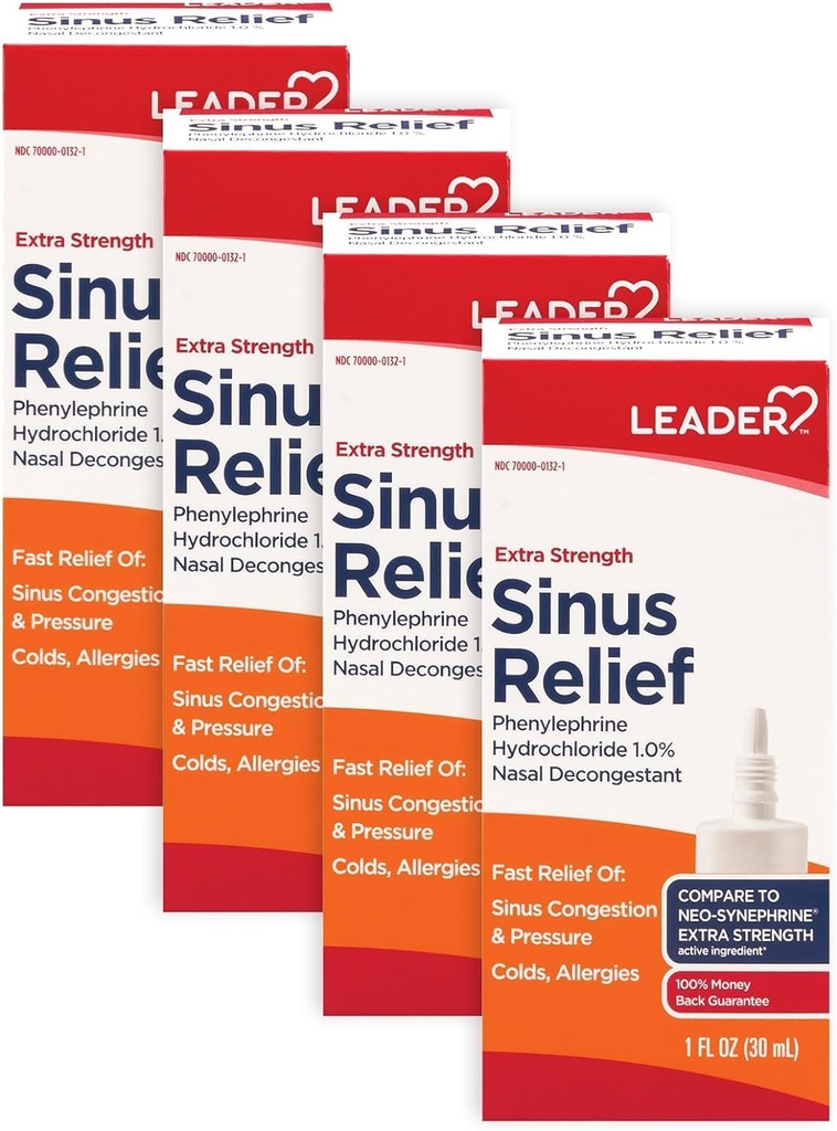 Leader Extra Strength Sinus Relief, Fast Acting, Sinus Decongestant, Nasal Congestion Relief Spray, Studená a alergická lahvička 30 ml (balení po 4 ml)