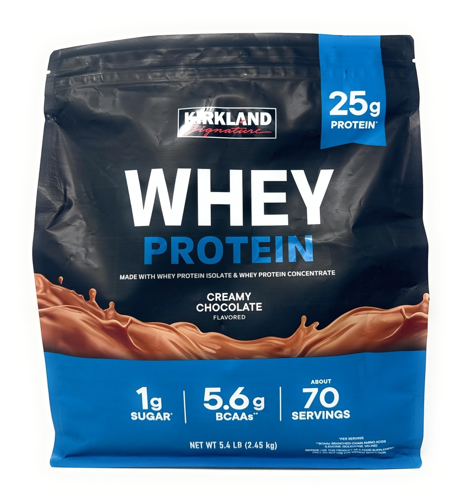 Kirkland signature syrovátka 25g protein, 1 g cukru, 5.6g BCAA, asi 70 Serings Creamy Chocolate Flavorted
