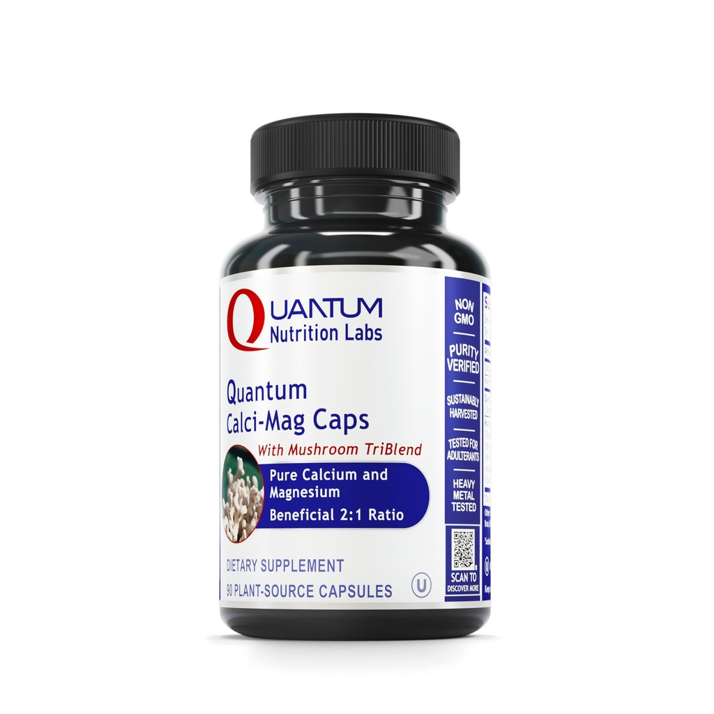 Quantum Nutrition Labs Calci- Mag Caps - dodatek k hořčíku vápníku, dodatek k vápníku, čistý komplex hořčíku a hub s Reishi & Lions Mane - 300 Vegetariánských kapslí
