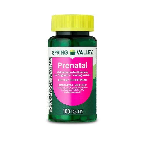 Spring Valley Prenatal Multivitamin / Multimineral pro těhotné a ošetřující ženy doplněk stravy Tablety, 100 Počet + Nálepka, Dri Store.