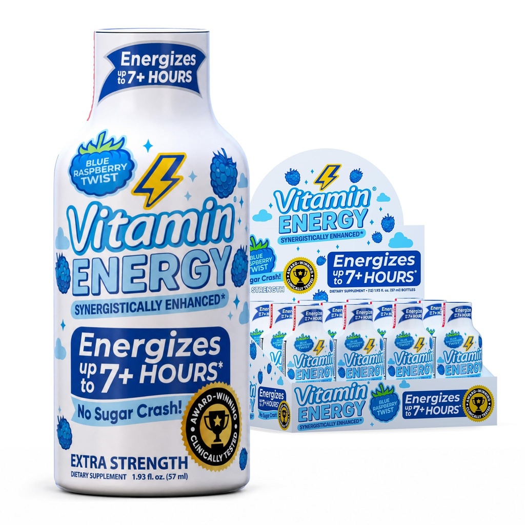 Vitamin Energy Imunní + Extra Síla Energy Shot Blue Raspberry 12 Pack, 260mg přírodní kofein, B-vitaminy, Citicolin, zelený čaj, Imunita & Focus Support, Nulový cukr, gluten- Free 1.93 fl oz