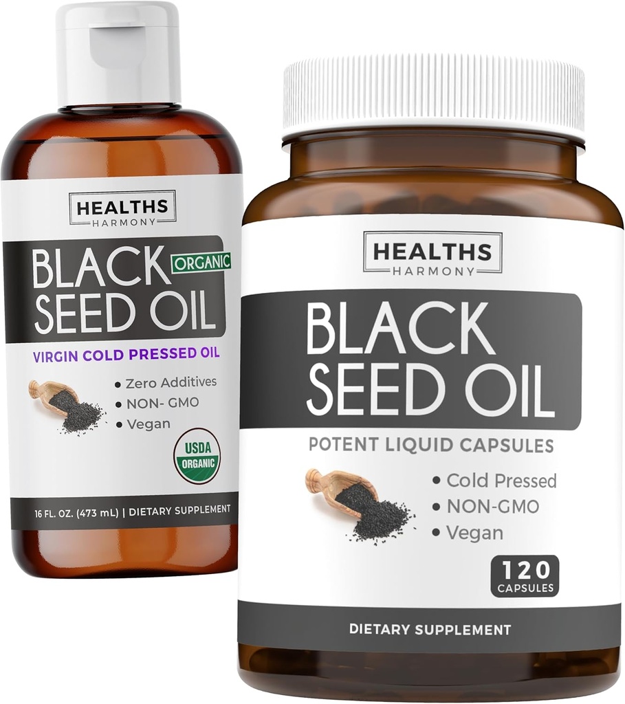 Black Seed Oil Liquid & Soft- Gels (2-Month Supply) Black Seed Oil Liquid & Capsule Combo (16fl.oz & 120 Soft- Gel Kapsle) 100% Premium Cold-Pressed Nigella Sativa Black Cumin Seed Oil (Non-GMO)