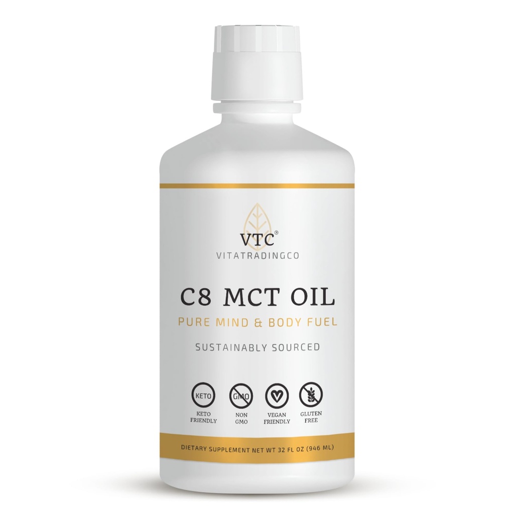 VTC VitaTradingCo. 100% čistý C8 MCT olej 124; 3X destilovaná kyselina kapylová 124; zdravý tuk pro čistou energii 124; Udržitelně sušený 124; Non- GMO, Paleo, Keto 124; 3oz, 64 Služeb (bez příchutí)