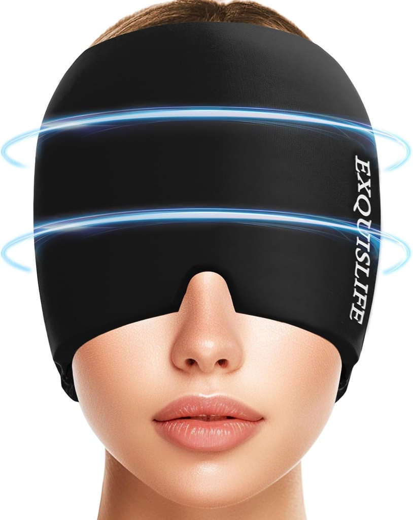 EXQUISLIFE Migréna Ledová hlava Wrap, Bolest hlavy Relief Hat pro Migréna Cap, Horká a studená terapie, Bolest hlavy Oči maska pro Sinus, Puffy Eyes, Napětí a Stress Relief (Black)